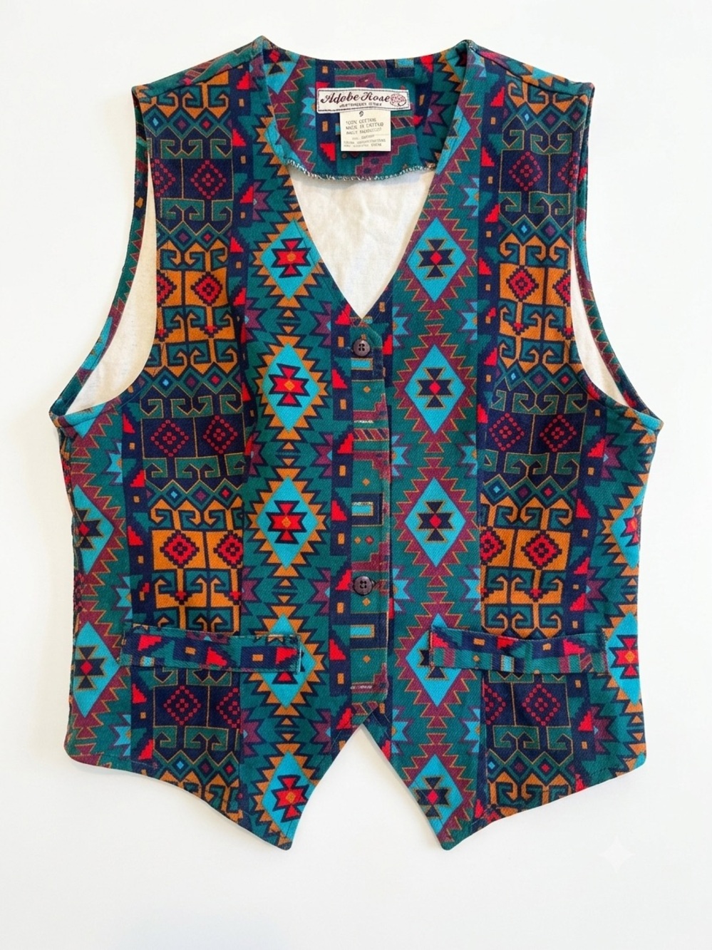 Vintage 1993- Adobe Rose 100% Cotton Printed Top in Teal & Multicolor